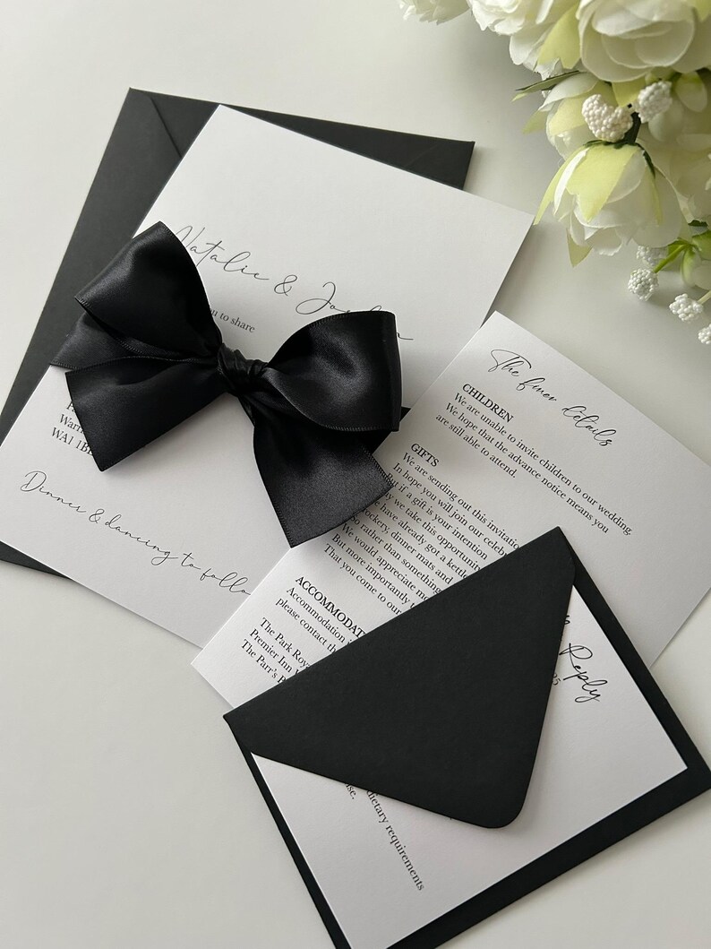 Amber Wedding Invitation | RSVP Card | Invitation bundle | invite with bow belly band | luxury invitations | monochrome invites | envelope imagem 15