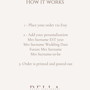 May include: A white background with brown text explaining how to order a personalized wedding stationery item. The text reads "HOW IT WORKS" and includes instructions for placing an order, adding personalization details, and the printing and shipping process. The text also includes the name "RELLA EVENT STATIONERY".