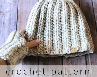 Crochet Pattern Backcountry Chunky Ribbed Beanie & Fingerless Gloves Matching Set PDF Download Cozy Crochet Messy Bun Hat Easy Wrist Warmers