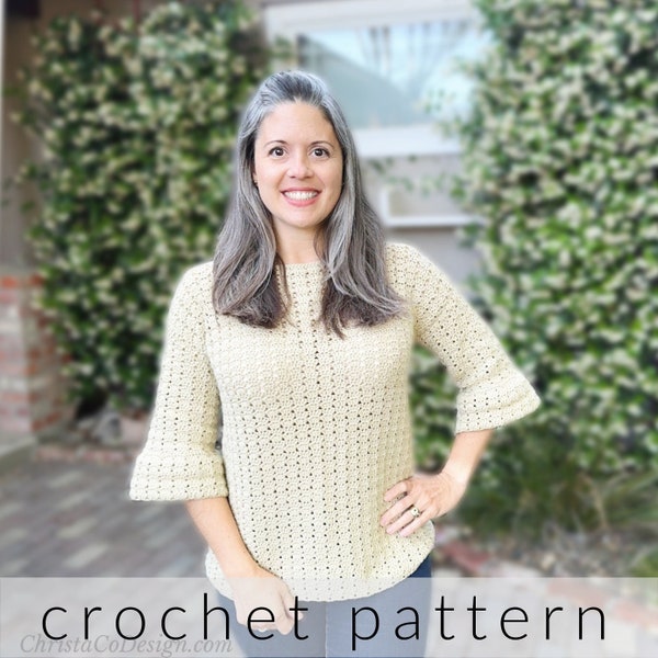 Crochet Pattern Bell Sleeve Belinda Top | Women's Top Crochet Pattern | 3/4 Sleeve Crochet Shirt for Women's | Easy Crochet Pattern PDF