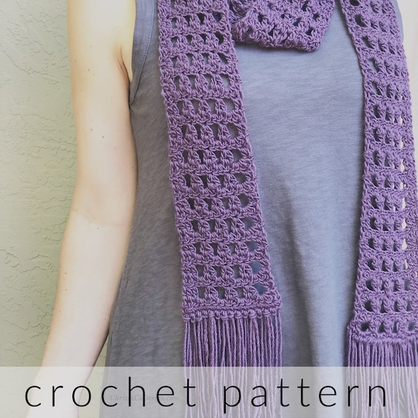 Crochet Pattern Berryessa Scarf | Crochet Scarf Pattern | Skinny Scarf Crochet Tutorial | Easy Summer Scarf | Lacy Crochet Scarf | One Skein