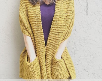 Cozy Giana Pocket Shawl Knitting Pattern PDF - Bulky Yarn - Beginner - Patch & Reversible - Pattern Only