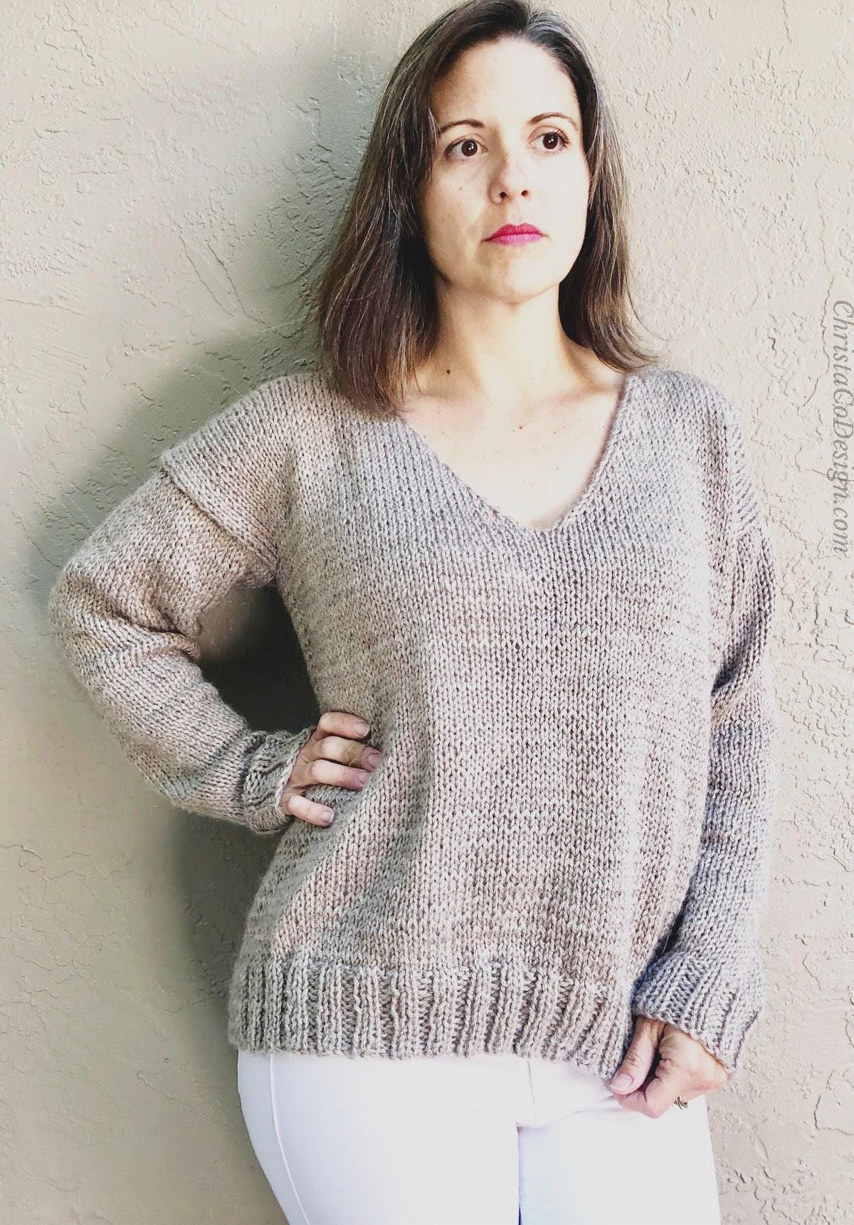 Easy Knit Elena Sweater Pattern Worsted Yarn V Neck Ribbed Pullover ...
