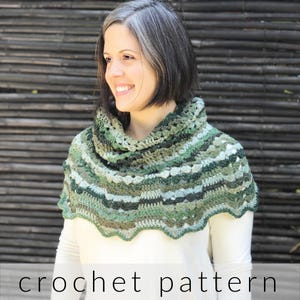 May include: A green, blue, and white crocheted cowl with a scalloped edge. The cowl is worn by a person with short, gray hair. The background is a woven wood fence.