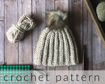 Crochet Pattern Chunky Beanie | Bulky Ribbed Beanie Pattern Easy Crochet Hat | Cozy Crochet Messy Bun Hat | Easy Ribbed Hat Pattern Crochet