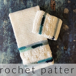 May include: A crochet pattern for a white dishcloth with blue and green stripes. The pattern includes instructions for a matching dishcloth.