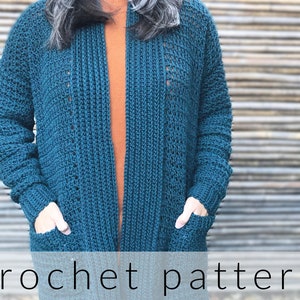May include: A teal blue crochet cardigan with pockets. The cardigan is open in the front and has a loose fit. crochet pattern