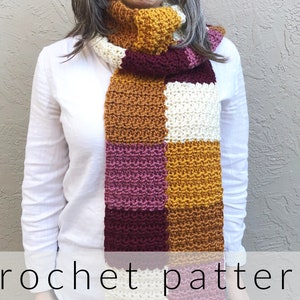May include: A crochet scarf pattern with a patchwork design in shades of mustard yellow, white, burgundy, and pink.