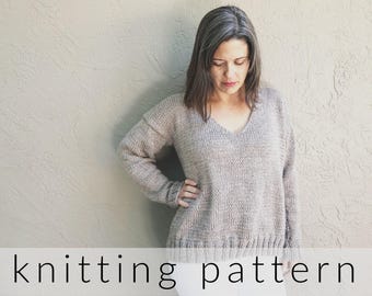 Easy Knit Elena Sweater Pattern Worsted Yarn V Neck Ribbed Pullover Pattern PDF