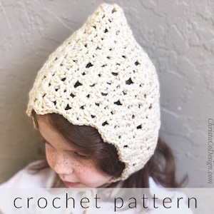 May include: A crocheted bonnet with a scalloped edge in a cream colour. The bonnet is worn by a child with brown hair. The text "crochet pattern" is at the bottom of the image.