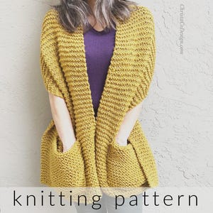 Knit Pocket Shawl Pattern, Bulky Garter Stitch, Beginner Rectangle PDF