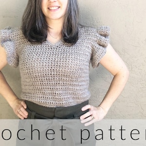 Crochet Gia Ruffle Tee Pattern PDF - Easy V Neck Flutter Ruffles Top