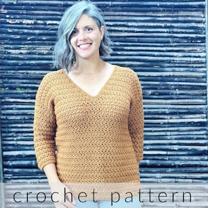 Crochet Pattern Sera Sweater | V-Neck Sweater Crochet Pattern for Women | Lightweight Crochet Sweater | Pullover | 3/4 Length Sleeve | PDF