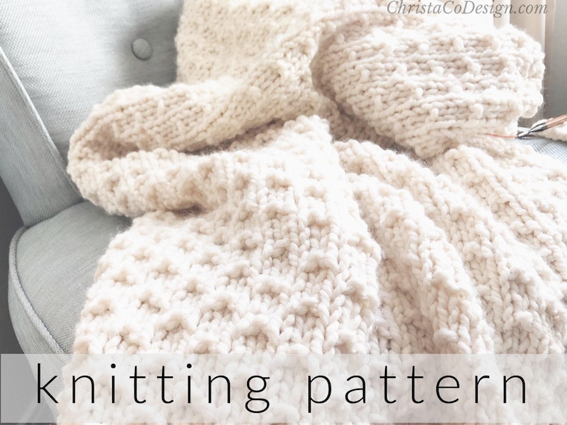 May include: A chunky, off-white hand-knitted blanket featuring a textured waffle stitch pattern. The image includes the text ChristaCoDesign.com in the upper right corner and the words knitting pattern at the bottom.