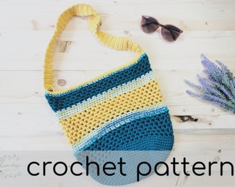 May include: A crochet bag featuring horizontal stripes in teal, yellow, and light blue with a long yellow shoulder strap. The bag has a mix of solid and openwork stitches. The text "crochet pattern" is printed at the bottom of the image.