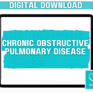 Puede incluir: Descarga digital de una guía de estudio sobre la enfermedad pulmonar obstructiva crónica (EPOC). La guía es de color azul turquesa con texto blanco. El texto "Nurse RN Prep" está en una nube blanca con un icono de estetoscopio.