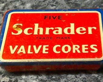 Vintage Schrader valve cores tin and 4 valves.Vintage memorabilia bicycle car, garage, museum 1950,1960,1970