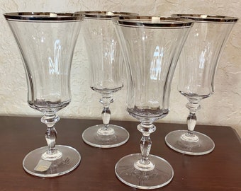 Mikasa Crystal Jamestown Platinum, Vintage Set of 4 Iced Tea Glasses, Silver Trim Tall Stemware, Bell Shape and Optic Design