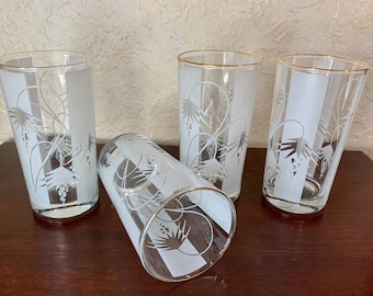 Vintage Glass Tumblers, Tropical Flowers,  White Frosted Panels and Gold Rims, Retro Cocktail Glasses, Set of 4