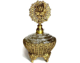 Vintage Perfume Bottle, Gold Filigree Rose Stopper Glass Dauber, Ormolu 70s Vanity Globe