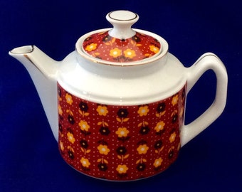 Vintage Teapot, Enesco Ceramic Orange & White 70’s Mod Tea Server, Retro Boho Flowers