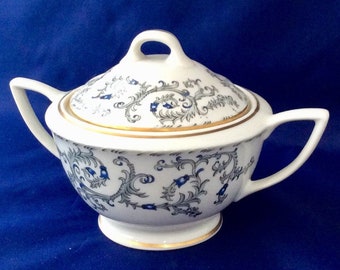 Vintage Sugar Bowl With Lid, Blue Floral Gray Scrolls, Gold Trim, White China, Royal Cathay Dinnerware Buckingham, Porcelain Dishes
