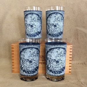 Currier and Ives Glasses 8 oz Tumblers Blue and White Glass Country Glassware Farmhouse Scene Barware Rustic Gift For Her 60s Drinkware Set image 2