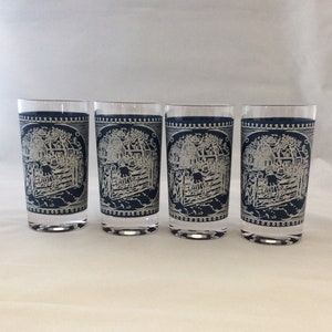 Currier and Ives Glasses 8 oz Tumblers Blue and White Glass Country Glassware Farmhouse Scene Barware Rustic Gift For Her 60s Drinkware Set image 6