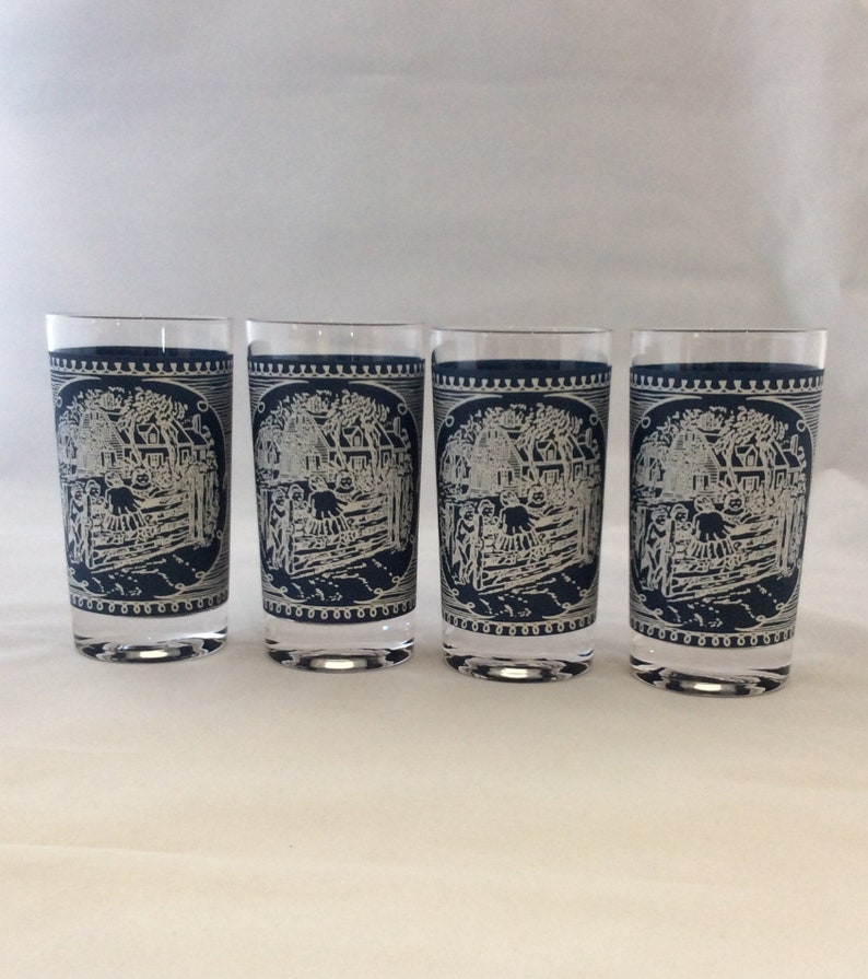 Currier and Ives Glasses 8 oz Tumblers Blue and White Glass Country Glassware Farmhouse Scene Barware Rustic Gift For Her 60s Drinkware Set image 6