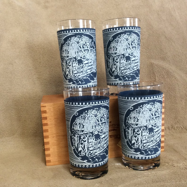 Currier and Ives Glasses 8 oz Tumblers Blue and White Glass Country Glassware Farmhouse Scene Barware Rustic Gift For Her 60s Drinkware Set image 7