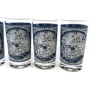 Currier and Ives Glasses 8 oz Tumblers Blue and White Glass Country Glassware Farmhouse Scene Barware Rustic Gift For Her 60s Drinkware Set image 1