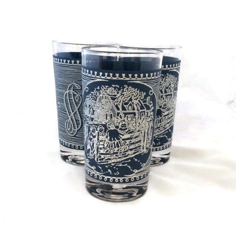 Currier and Ives Glasses 8 oz Tumblers Blue and White Glass Country Glassware Farmhouse Scene Barware Rustic Gift For Her 60s Drinkware Set image 3