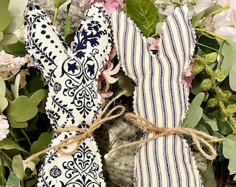 Farmhouse Fabric Bunnies (Set of Two): Rustic Easter Shelf Sitters