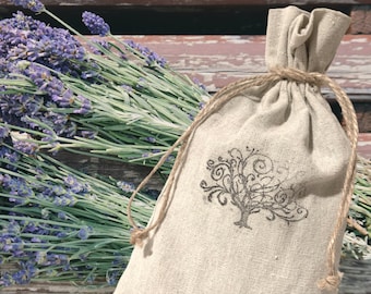 Extra Large Organic Lavender Sachets in 6"x10" Natural Linen Bags, Shabby Chic...Hand-stamped with the Tree of Life, Mother's Day, Spa Gift