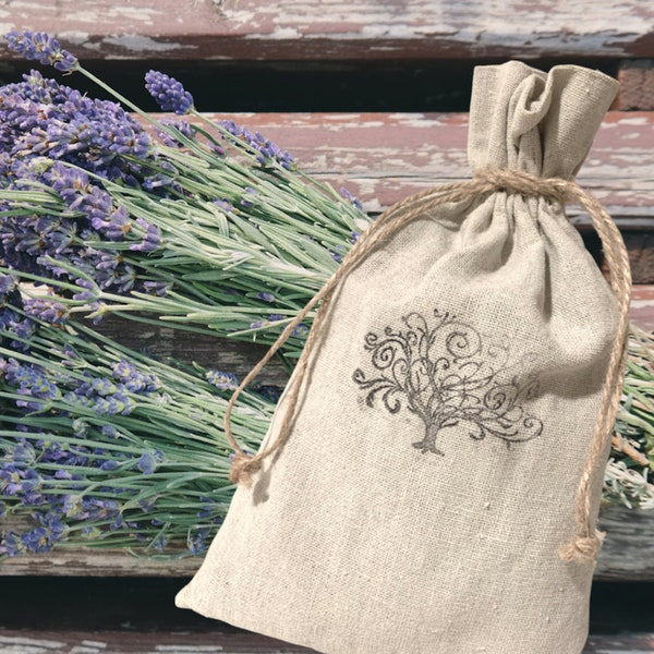 Extra Large Organic Lavender Sachets in 6"x10" Natural Linen Bags, Shabby Chic...Hand-stamped with the Tree of Life, Mother's Day, Spa Gift