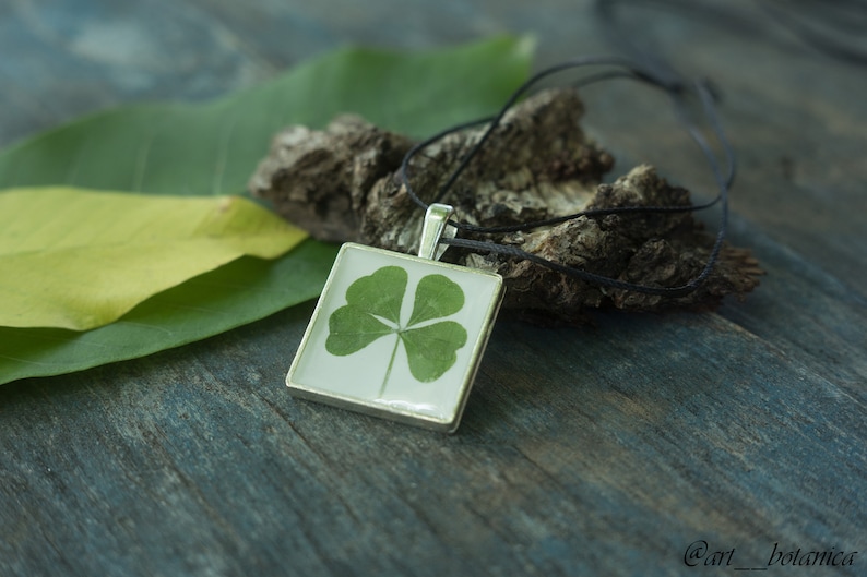 Four Leaf Clover necklace Botanical pendant Real clover pendant Clover jewelry
