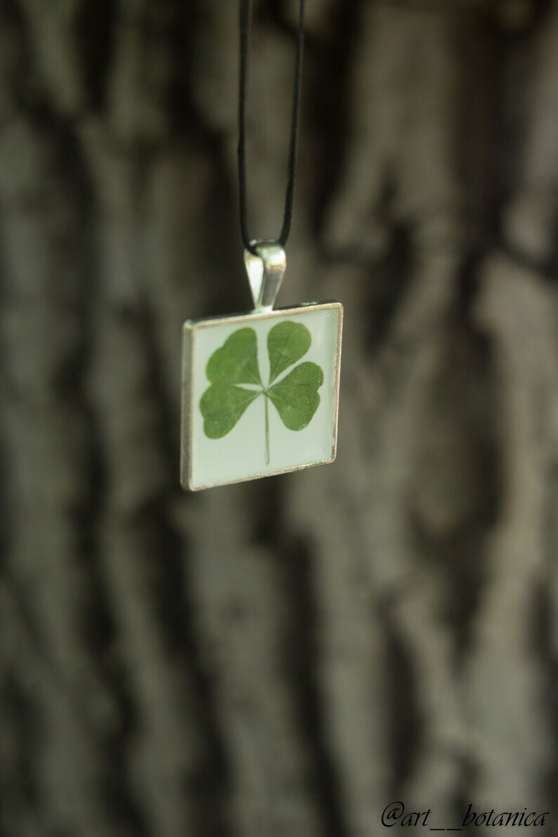 Four Leaf Clover necklace Botanical pendant Real clover pendant Clover jewelry