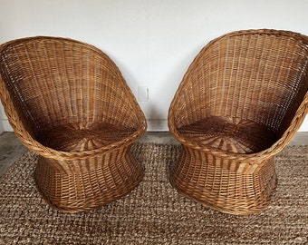 Pair of Vintage Rattan Wicker Bucket / Scoop Chairs (PICK-UP ONLY)