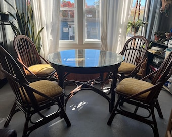 Andre Originals Bentwood Rattan Round Glass Dining Table and Four Chairs Set Re-upholstered in Authentic Yellow Mud Cloth (PICK-UP ONLY)