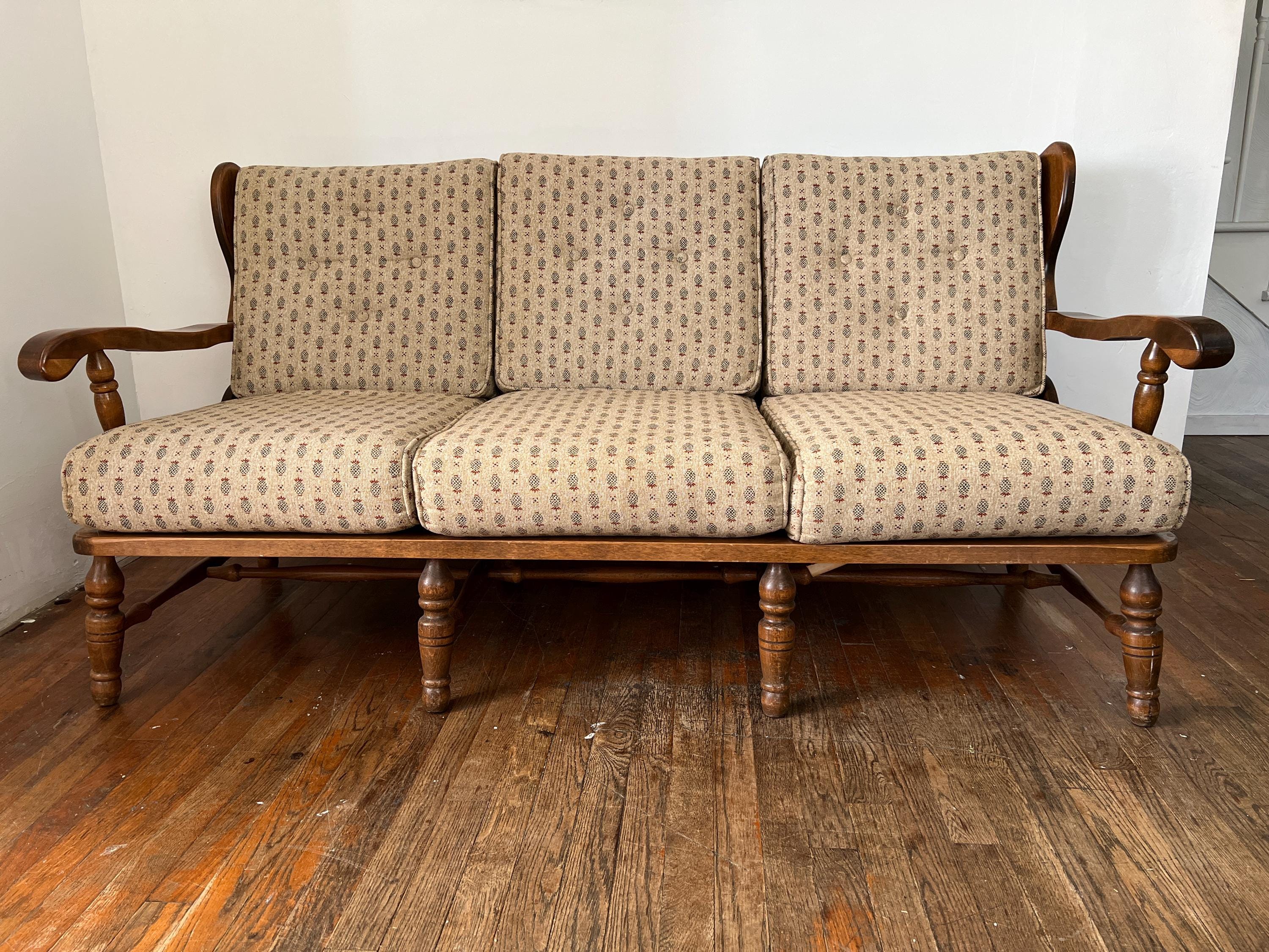 Vintage 1980's Three Seater Spindle Back Wood Sofa With