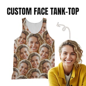 May include: White tank top with a pattern of multiple faces printed on it. The tank top is sleeveless and has a scoop neck. The faces are all different and are arranged in a random pattern. The tank top is a fun and unique way to show off your personality.