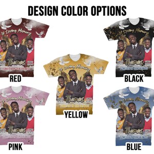 May include: A mockup of a t-shirt design with different color options. The design features a photo of two people with the text "In Loving Memory Thomas Forever in Our Hearts". The color options are red, black, yellow, pink, and blue.