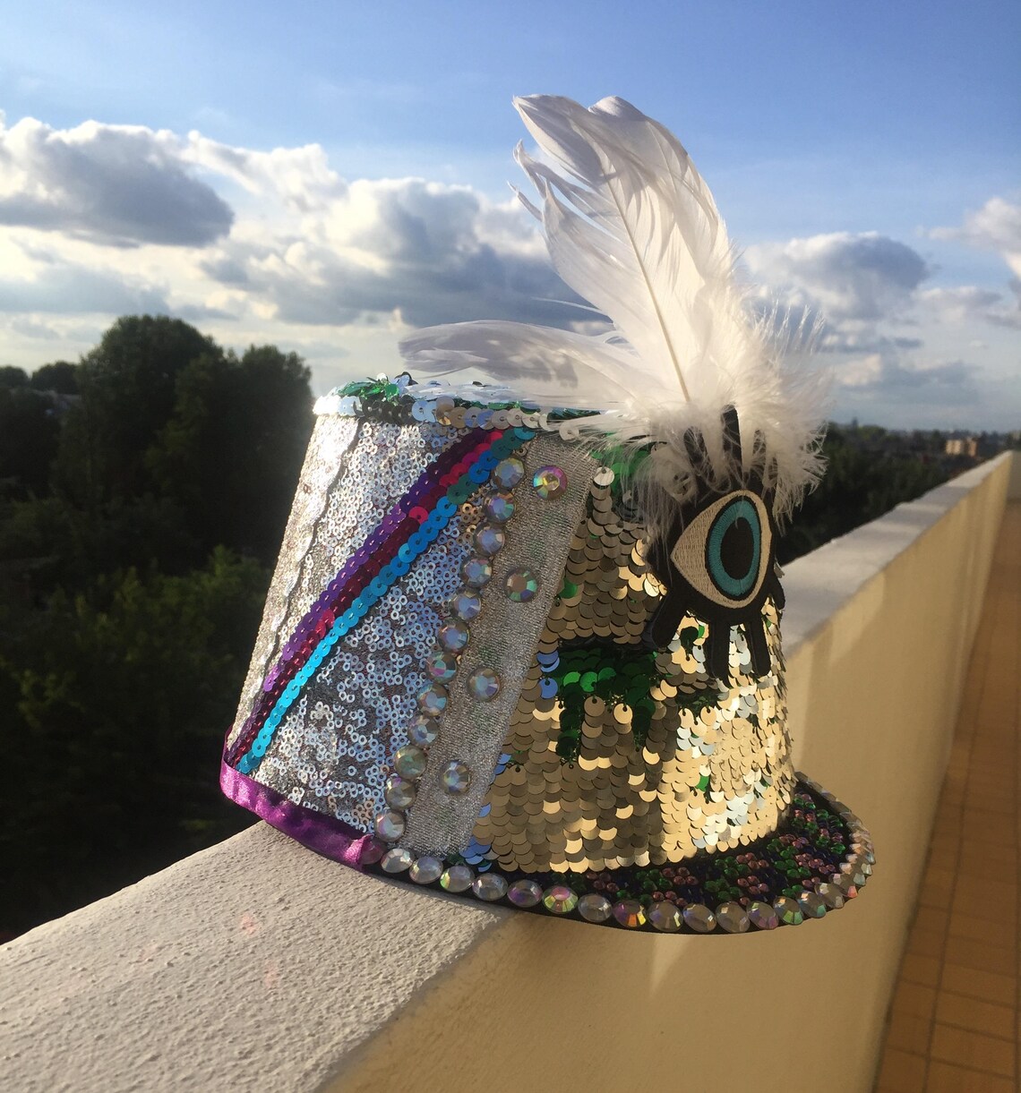 Evil Eye Marching band Festival Hat silver sequins feathers Etsy