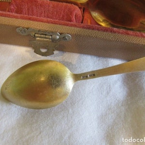 Pode incluir: Close-up de uma colher dourada com um cabo longo. A colher est&aacute; sobre uma superf&iacute;cie branca, com um estojo forrado a veludo parcialmente vis&iacute;vel no fundo. A colher tem um acabamento brilhante e parece ser de metal.