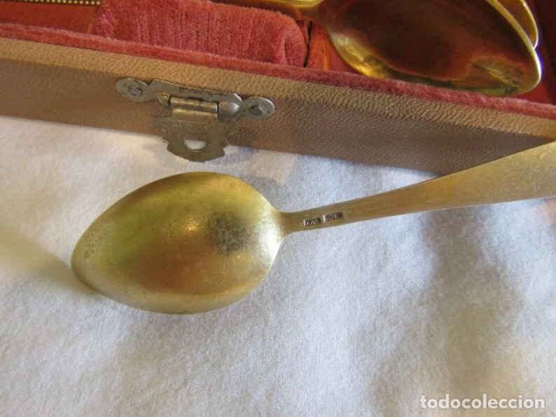 Pode incluir: Close-up de uma colher dourada com um cabo longo. A colher est&aacute; sobre uma superf&iacute;cie branca, com um estojo forrado a veludo parcialmente vis&iacute;vel no fundo. A colher tem um acabamento brilhante e parece ser de metal.