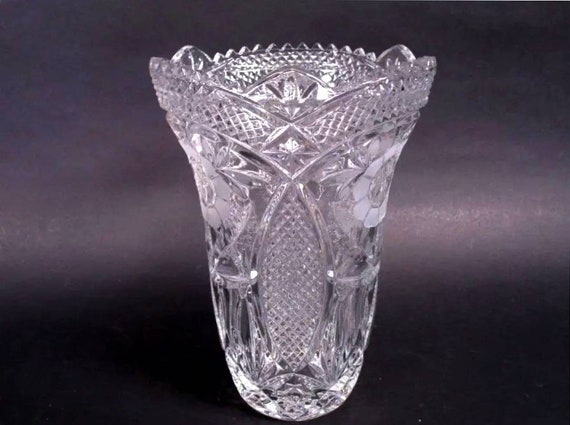 Antiguo Jarrón Cristal De Bohemia Soplado Y Tallado a Mano Grande Cristal  De Plomo, Jarrón De Flores, Aprox. 24 Cm H Preciosidad Art Noveau 