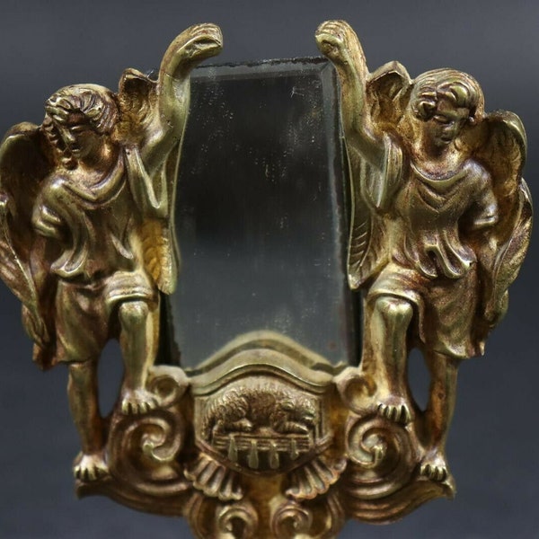 Petit miroir de table en bronze avec figures d'anges très ancien miroir de table historique en métal angelots 2ème moitié 19ème siècle signé