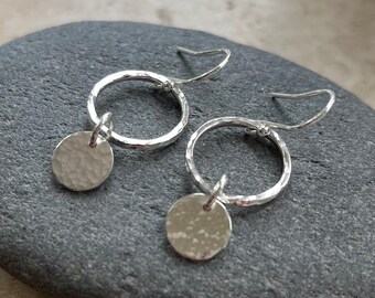 Hammered Sterling Silver Hoop Disc Drop Earrings, Handmade Silversmith Dangle Jewelry