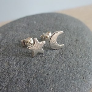 Sterling Silver Mismatch Star & Moon studs, Silver hammered star and moon stud earrings, sterling silver studs, gift, gift for her