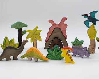 Volcano and Dinosaur Wood Playset with tree, bush and dinosaurs.  Great toys for boys and girls.  Waldorf and Montessori inspired.